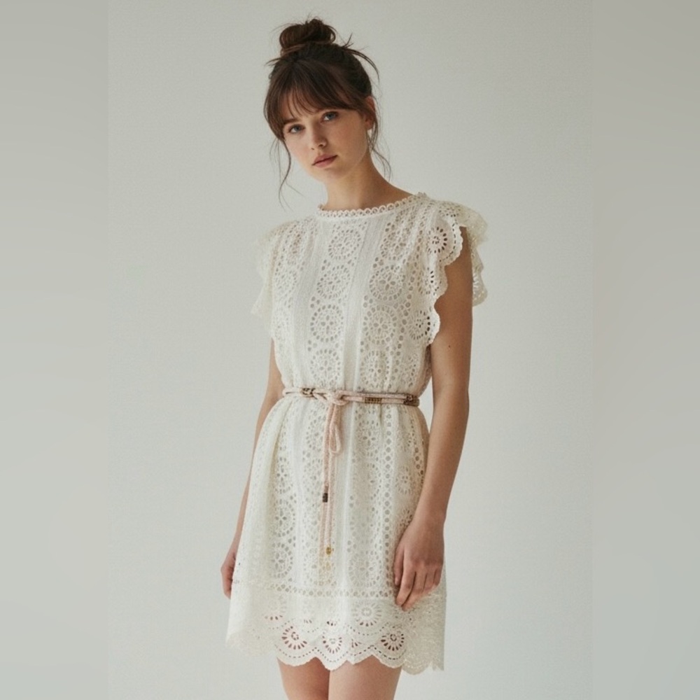 Zimmermann Ivory Eyelet Mini Dress Bateau Neck Scalloped Lace Size 1 (S)